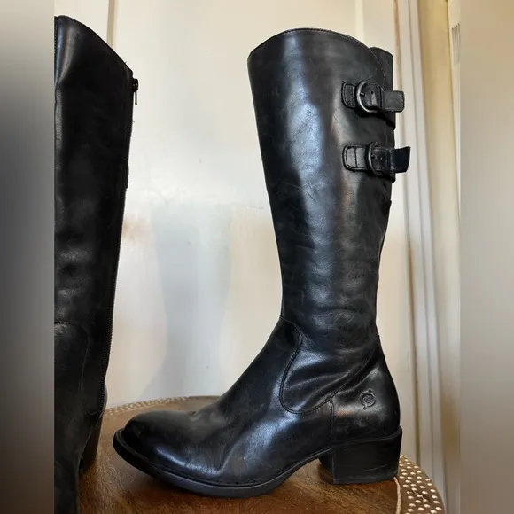 Born ‘Berry’ Leather Knee High Moto Riding Boot Buckles Bikercore Steampunk Flat