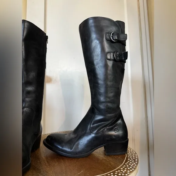 Born ‘Berry’ Leather Knee High Moto Riding Boot Buckles Bikercore Steampunk Flat