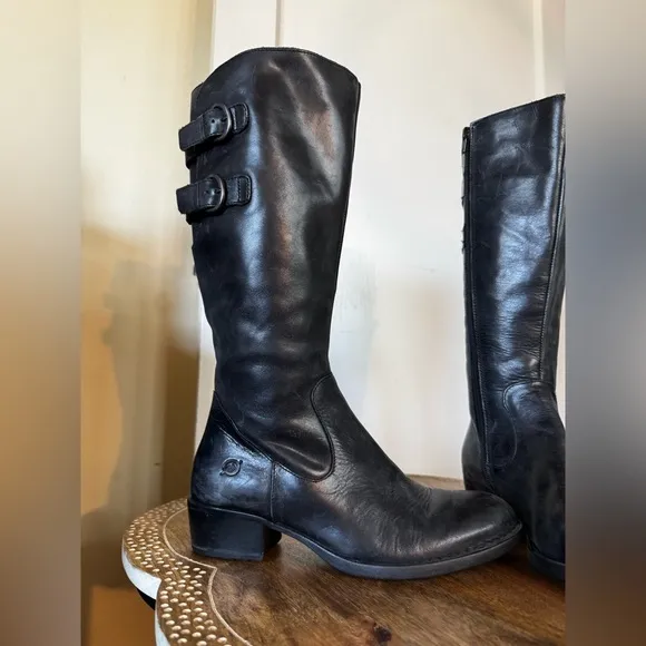 Born ‘Berry’ Leather Knee High Moto Riding Boot Buckles Bikercore Steampunk Flat