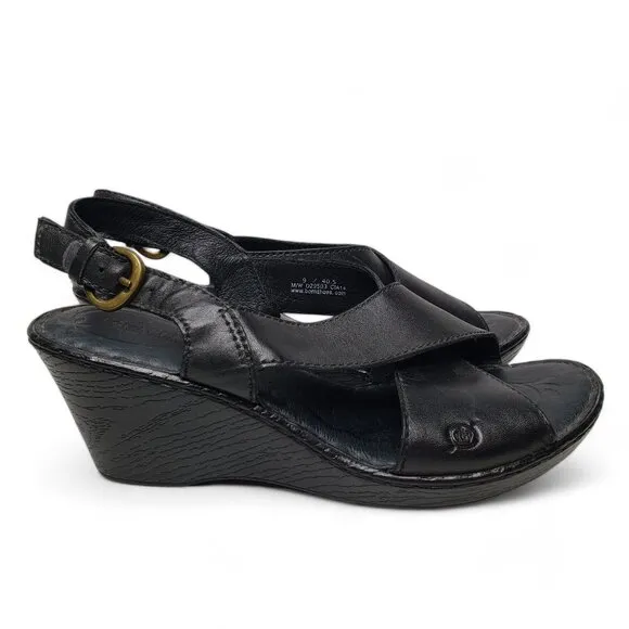 Born Emmy II Wedge Women's Black Leather Cross Strap Buckled Slingback Casual 9