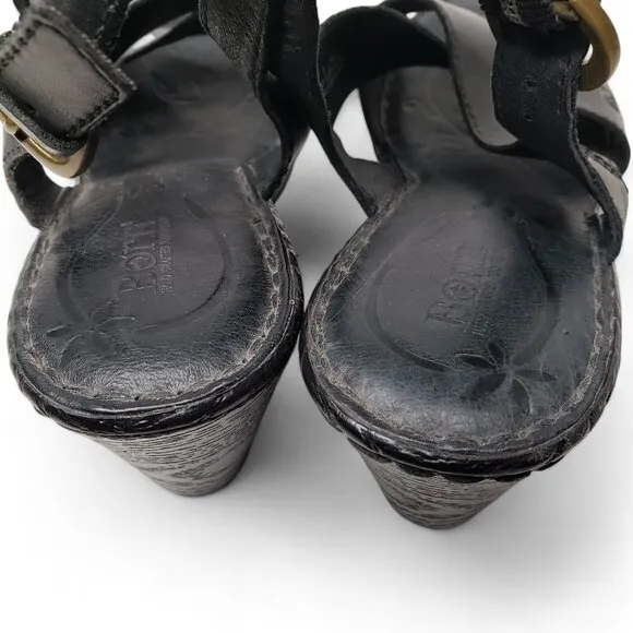 Born Emmy II Wedge Women's Black Leather Cross Strap Buckled Slingback Casual 9