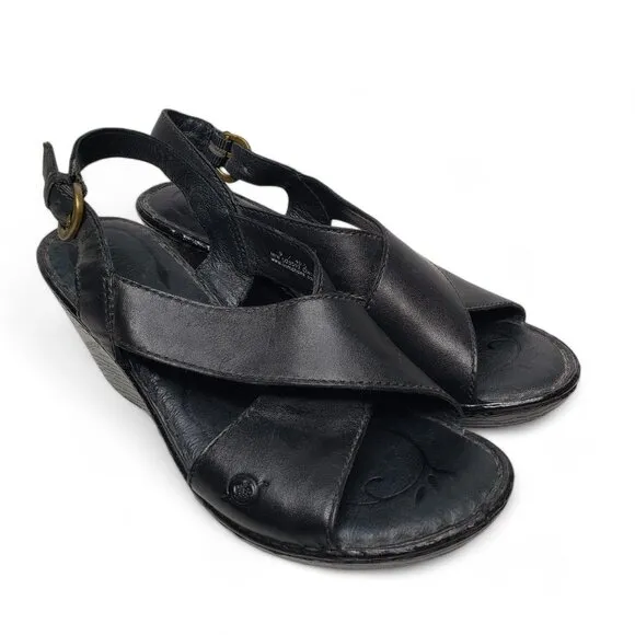 Born Emmy II Wedge Women's Black Leather Cross Strap Buckled Slingback Casual 9
