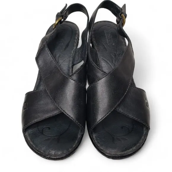Born Emmy II Wedge Women's Black Leather Cross Strap Buckled Slingback Casual 9