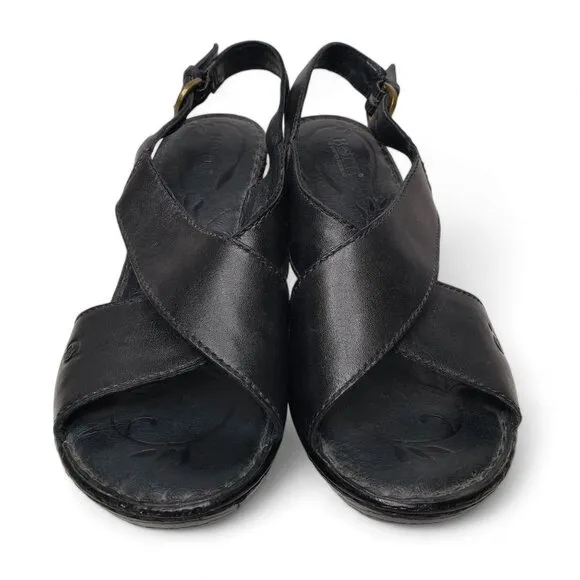 Born Emmy II Wedge Women's Black Leather Cross Strap Buckled Slingback Casual 9