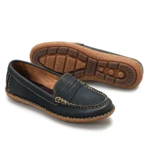 Born Nerina Leather Boat Shoe Penny Loafer Rubber Soles Women’s 8.5 Dark Navy