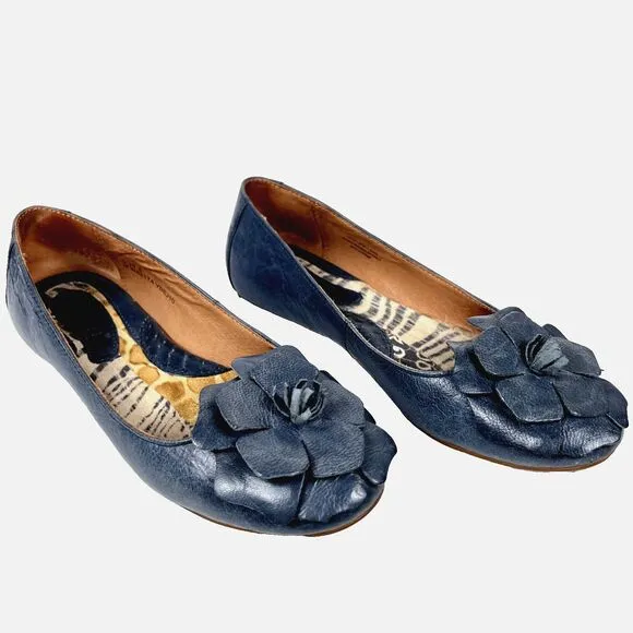 Born Sz 6M Leather Flower Navy Blue Flats Arch Support Cushioned