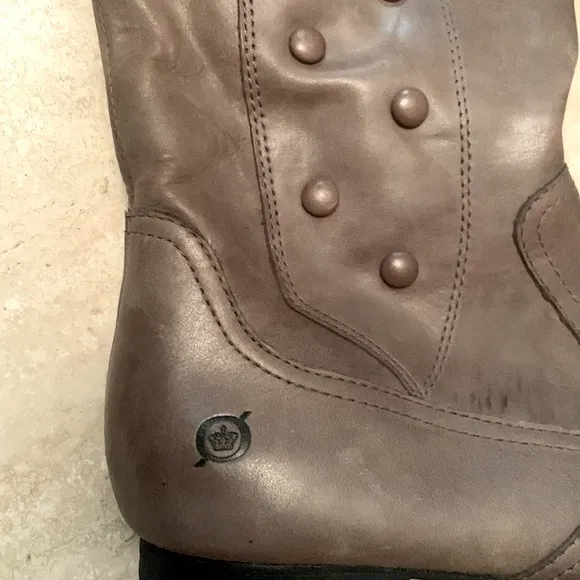 BORN Tall Leather Italian boots, flat heel, leather buttons. Taupe. 9 EUC