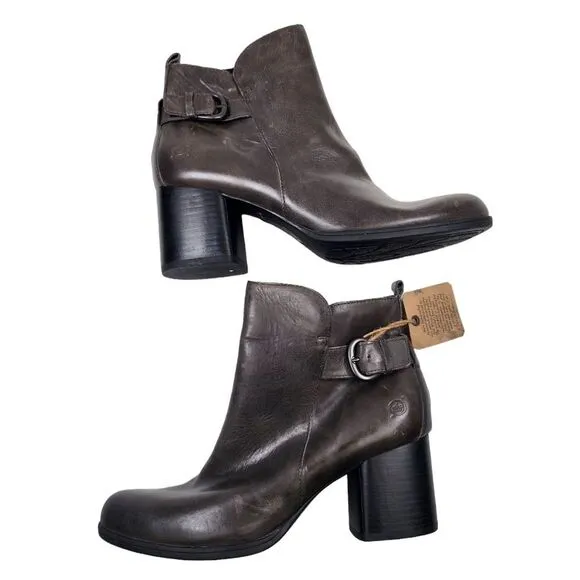 BORN Womens 9 Leather Heeled Ankle Boots Zip Up NWT Buckle Detail Block Heel New