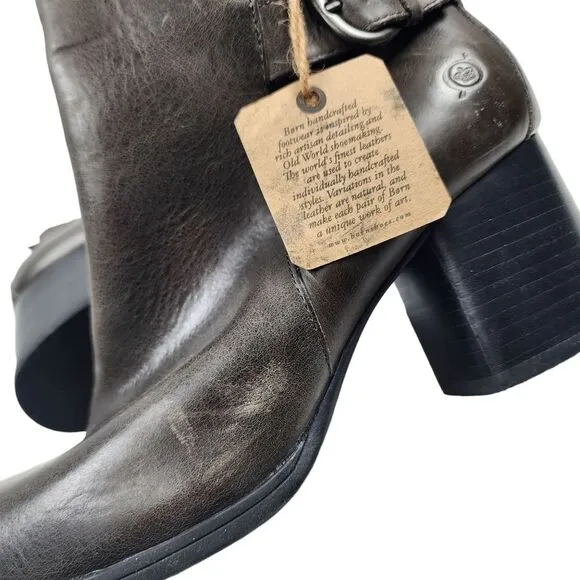 BORN Womens 9 Leather Heeled Ankle Boots Zip Up NWT Buckle Detail Block Heel New
