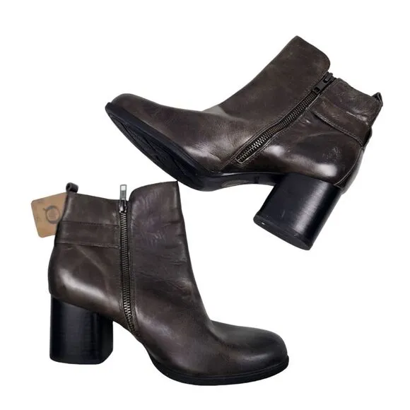BORN Womens 9 Leather Heeled Ankle Boots Zip Up NWT Buckle Detail Block Heel New