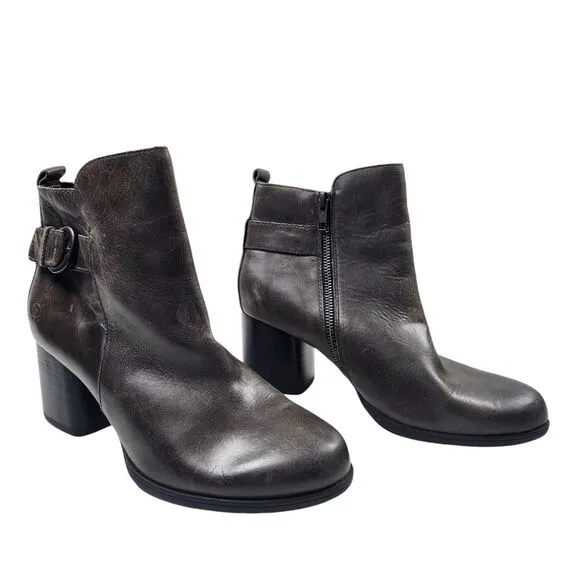 BORN Womens 9 Leather Heeled Ankle Boots Zip Up NWT Buckle Detail Block Heel New