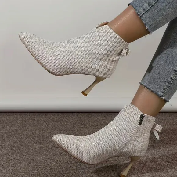 Bowknot Decor Stiletto Point Toe Heeled Boots