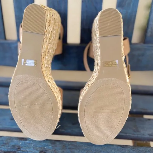 BP Womens Platform Wedge Sandals 10M Tan Ancle Strap Woven Raffia Padded Insole