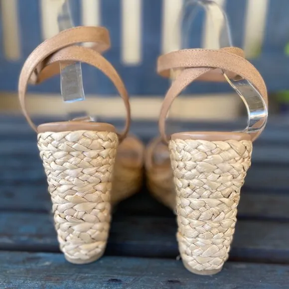BP Womens Platform Wedge Sandals 10M Tan Ancle Strap Woven Raffia Padded Insole