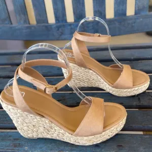 BP Womens Platform Wedge Sandals 10M Tan Ancle Strap Woven Raffia Padded Insole