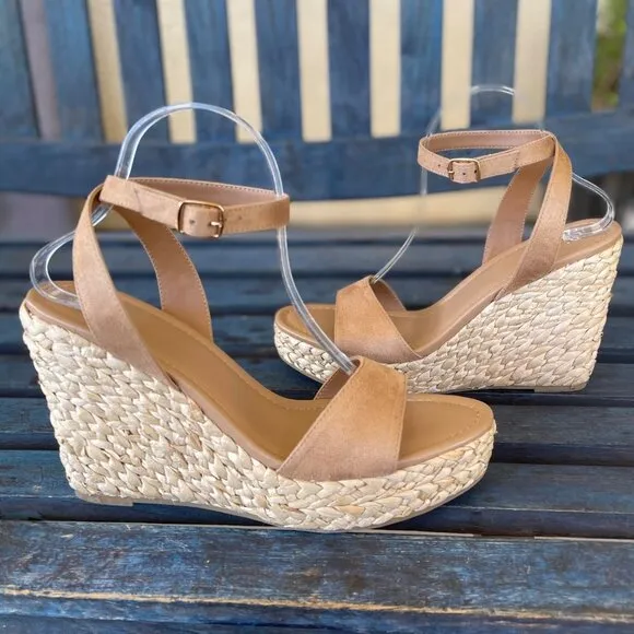 BP Womens Platform Wedge Sandals 10M Tan Ancle Strap Woven Raffia Padded Insole