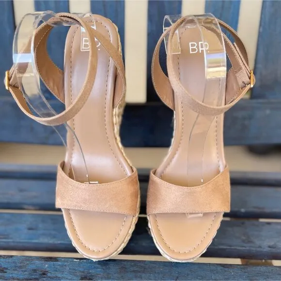 BP Womens Platform Wedge Sandals 10M Tan Ancle Strap Woven Raffia Padded Insole