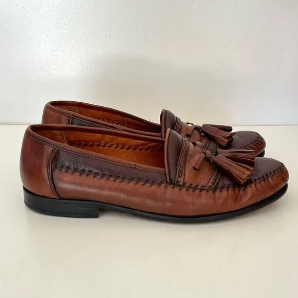Brass Boot Tassel Leather Loafer Mens 8 W 2-Tone Brown Shoes Moccasins Moc Spain