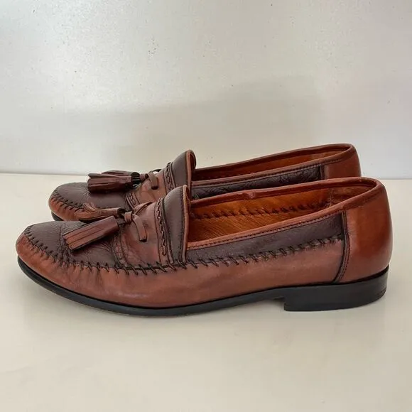 Brass Boot Tassel Leather Loafer Mens 8 W 2-Tone Brown Shoes Moccasins Moc Spain