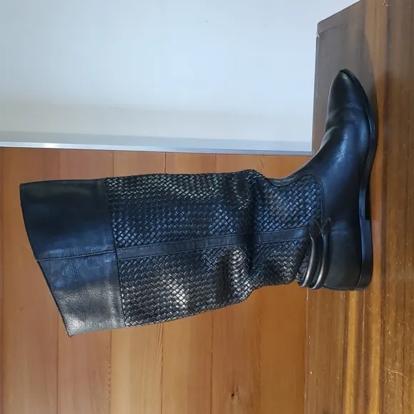 Brazil Size 7.5 Riding Boots Black Woven Leather Flat Knee-High Almond Toe Biker