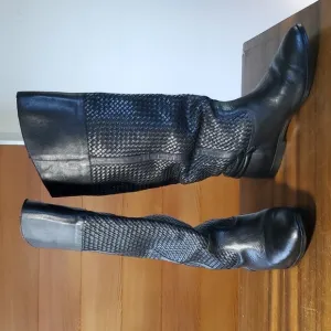 Brazil Size 7.5 Riding Boots Black Woven Leather Flat Knee-High Almond Toe Biker