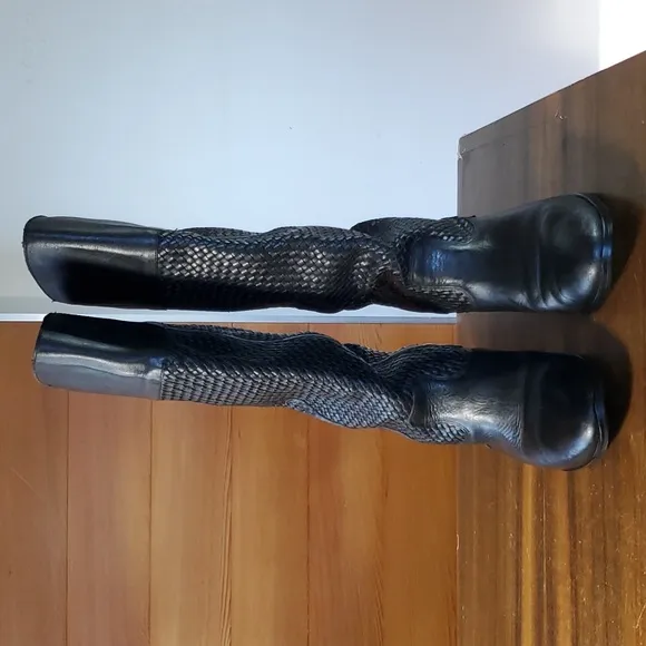 Brazil Size 7.5 Riding Boots Black Woven Leather Flat Knee-High Almond Toe Biker