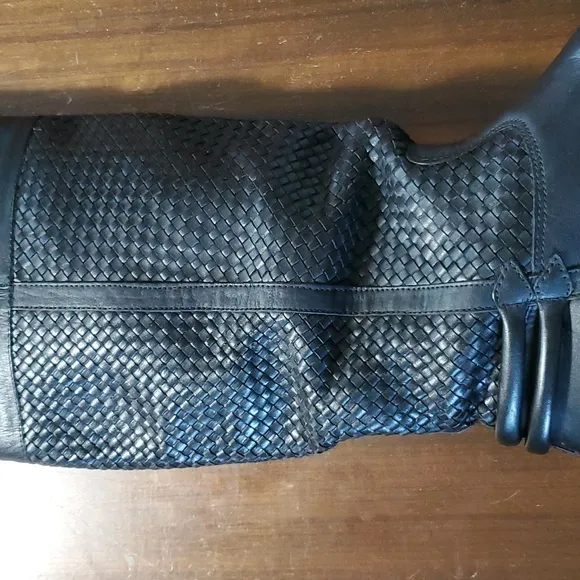 Brazil Size 7.5 Riding Boots Black Woven Leather Flat Knee-High Almond Toe Biker