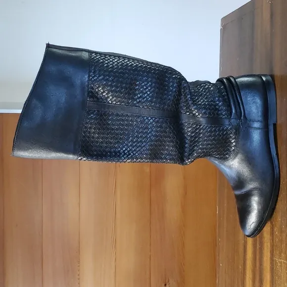 Brazil Size 7.5 Riding Boots Black Woven Leather Flat Knee-High Almond Toe Biker
