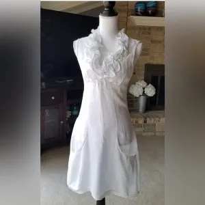 Bright White Linen Ruffled Sleeveless Casual Dress with Pockets from Italy