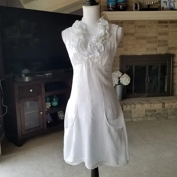 Bright White Linen Ruffled Sleeveless Casual Dress with Pockets from Italy