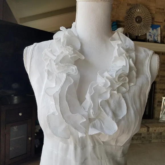 Bright White Linen Ruffled Sleeveless Casual Dress with Pockets from Italy