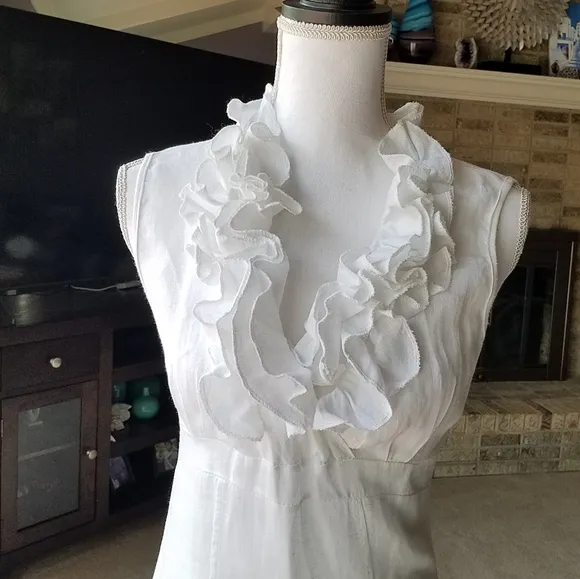 Bright White Linen Ruffled Sleeveless Casual Dress with Pockets from Italy