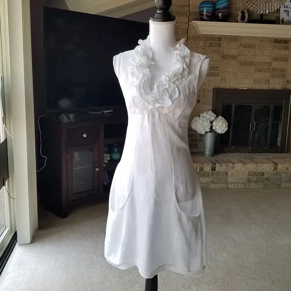 Bright White Linen Ruffled Sleeveless Casual Dress with Pockets from Italy