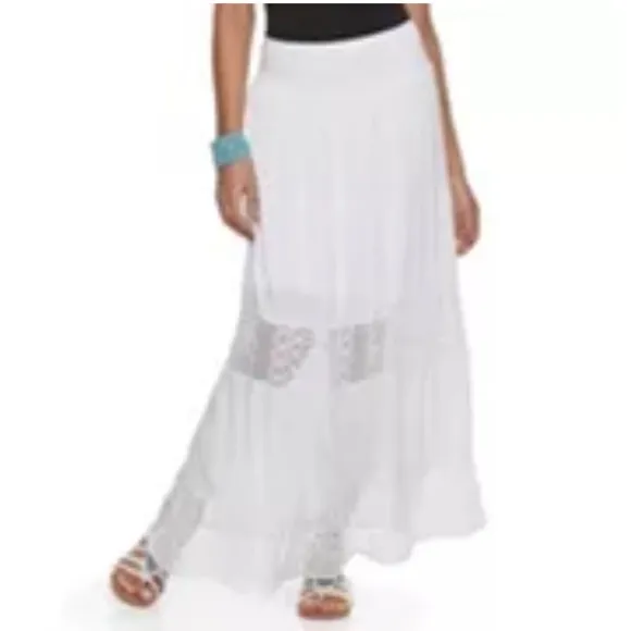 Bright White Rayon Maxi Skirt with Lace Details Like NEW