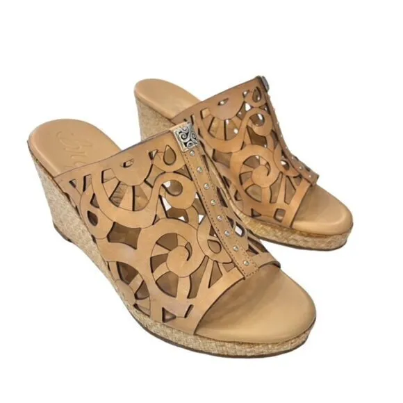 Brighton Daria Tan Leather Silver Charm Woven Wedge Sandals Size 6M BOHO‎ Summer