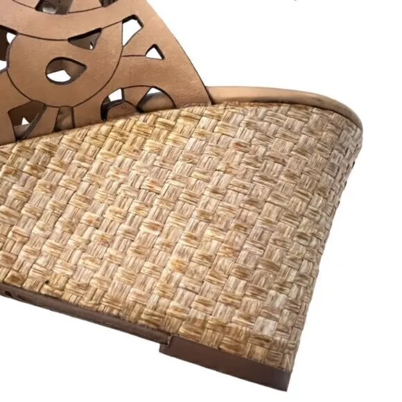 Brighton Daria Tan Leather Silver Charm Woven Wedge Sandals Size 6M BOHO‎ Summer