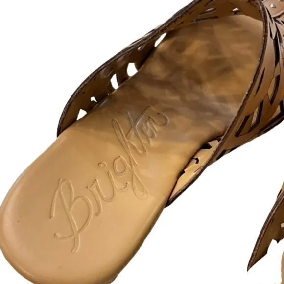 Brighton Daria Tan Leather Silver Charm Woven Wedge Sandals Size 6M BOHO‎ Summer