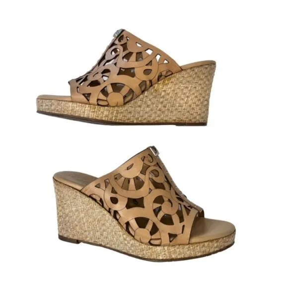 Brighton Daria Tan Leather Silver Charm Woven Wedge Sandals Size 6M BOHO‎ Summer