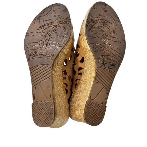 Brighton Daria Tan Leather Silver Charm Woven Wedge Sandals Size 6M BOHO‎ Summer