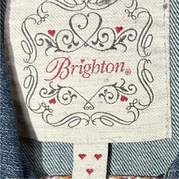 Brighton Denim Jean Jacket with Leather Embroidered Flowers 3 Hearts Size Large