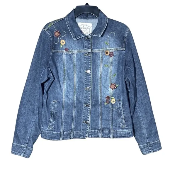 Brighton Denim Jean Jacket with Leather Embroidered Flowers 3 Hearts Size Large