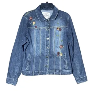 Brighton Denim Jean Jacket with Leather Embroidered Flowers 3 Hearts Size Large