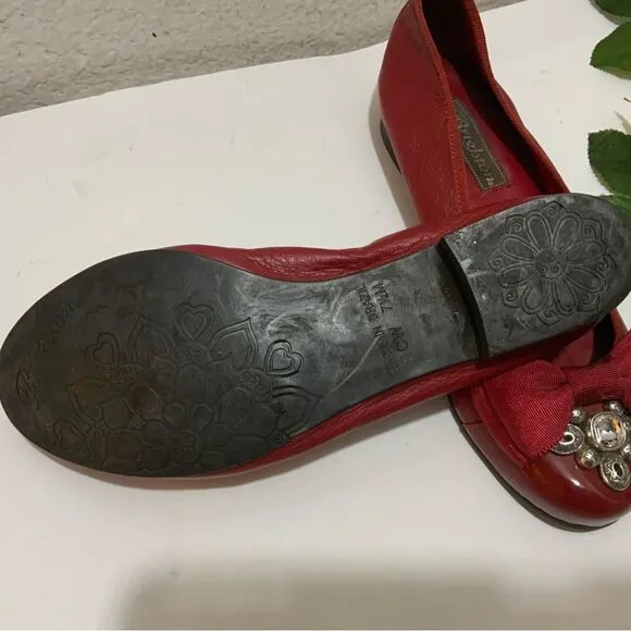 BRIGHTON RED LEATHER BALLET FLATS BOW Sz 7.5
