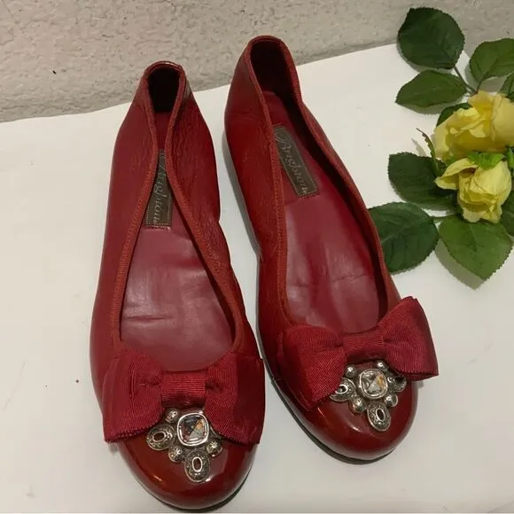 BRIGHTON RED LEATHER BALLET FLATS BOW Sz 7.5