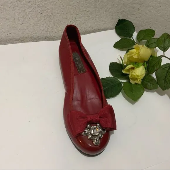 BRIGHTON RED LEATHER BALLET FLATS BOW Sz 7.5