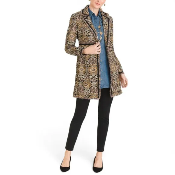 Brocade Southwestern Fringe Trim Metallic Jacquard Topper Tapestry Jacket Sz XL