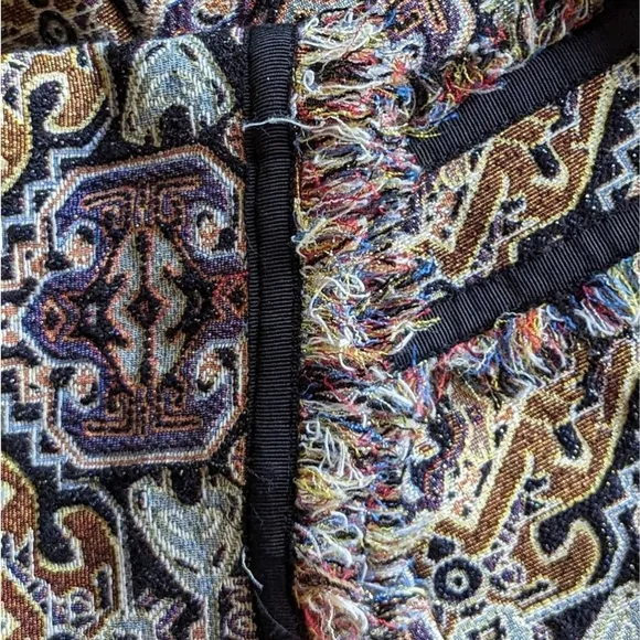 Brocade Southwestern Fringe Trim Metallic Jacquard Topper Tapestry Jacket Sz XL