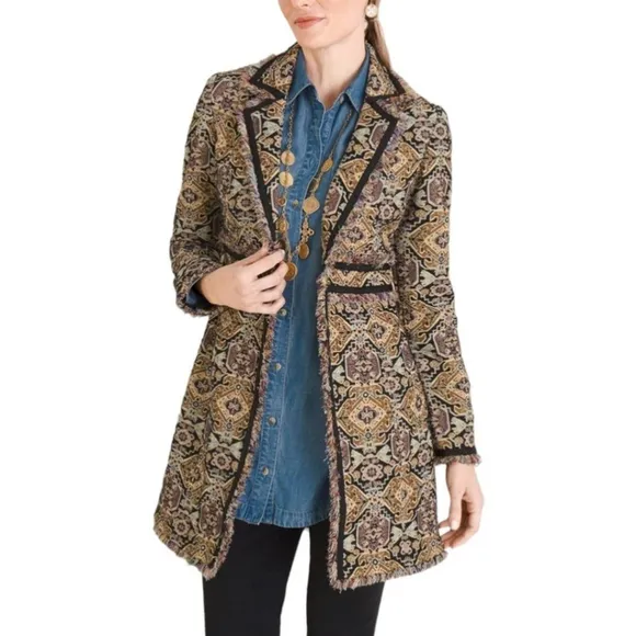 Brocade Southwestern Fringe Trim Metallic Jacquard Topper Tapestry Jacket Sz XL