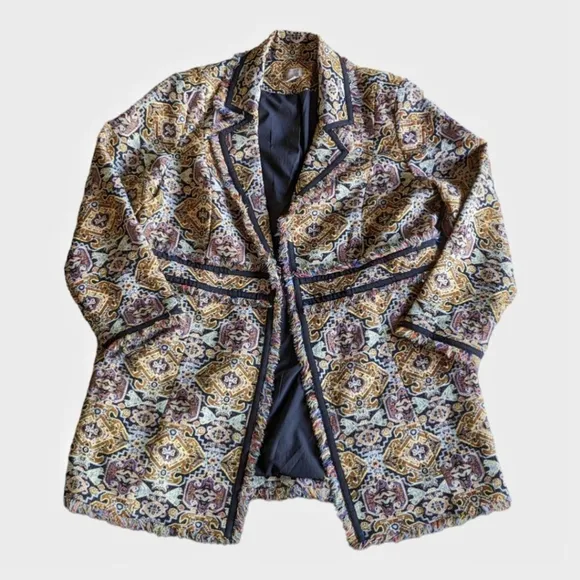 Brocade Southwestern Fringe Trim Metallic Jacquard Topper Tapestry Jacket Sz XL