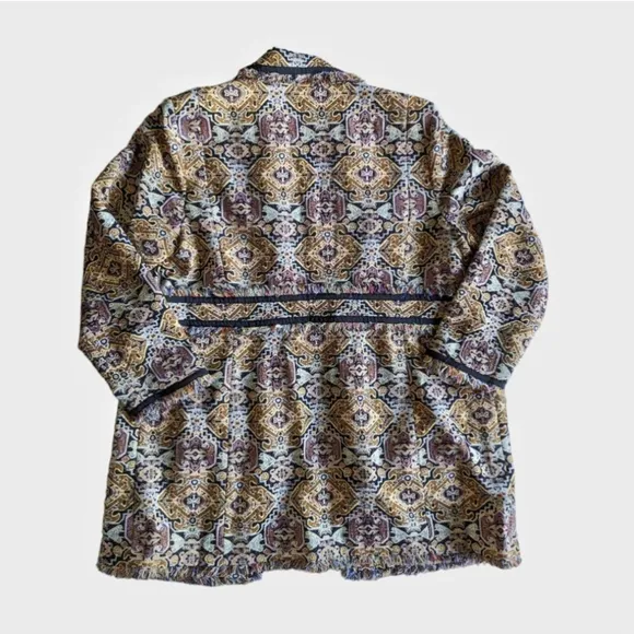Brocade Southwestern Fringe Trim Metallic Jacquard Topper Tapestry Jacket Sz XL